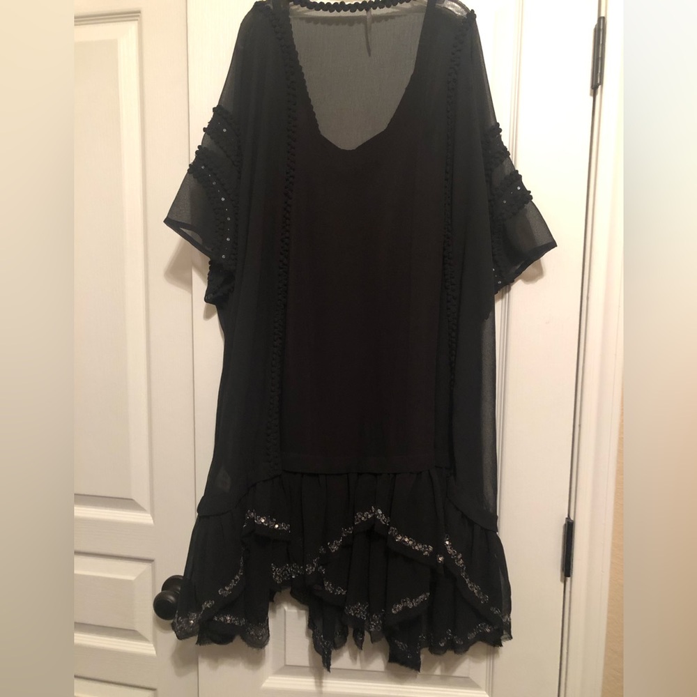 Free People black dress with handkerchief hem and sequin/beaded details